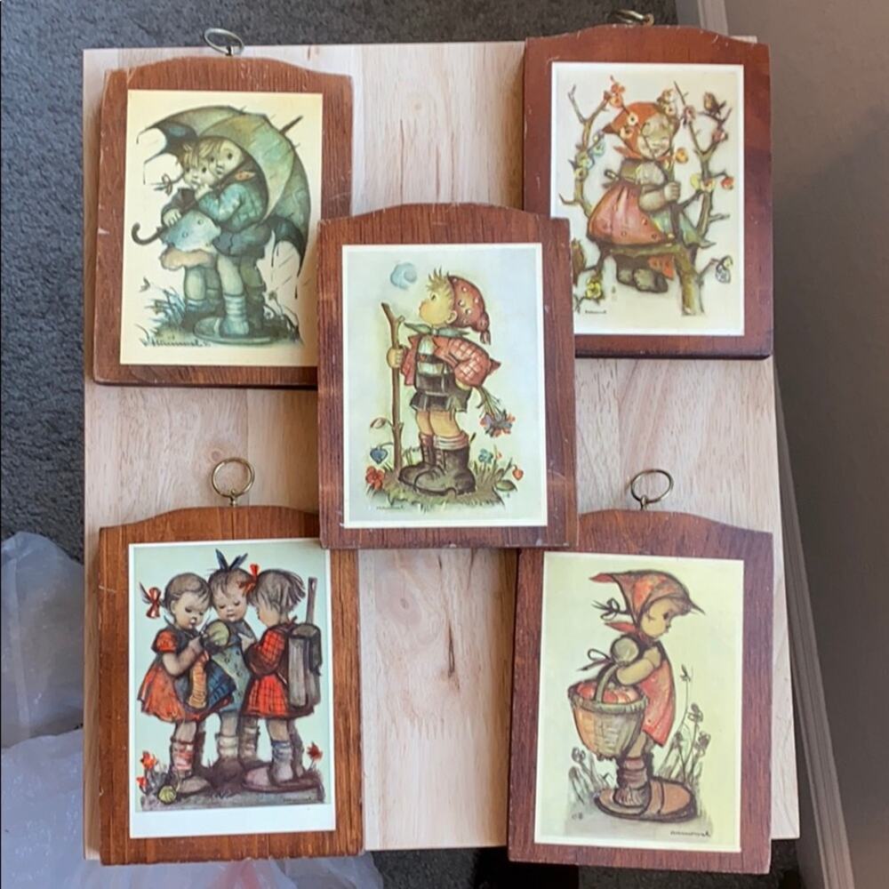 Mid century Modern Hummel prints wooden plaques 5 total nursery home decor